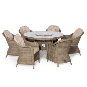 Maze Winchester 6 Seat Round Fire Pit Dining Set with Heritage Chairs and Lazy Susan